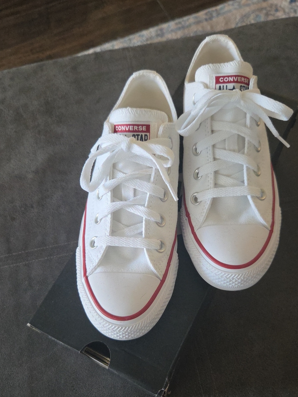 Converse White Low Top Sneakers with Red Trim - Picture 2 of 7